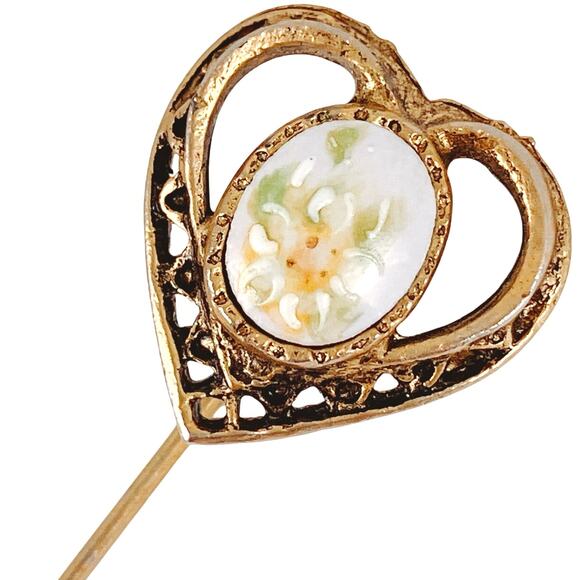 Vintage 1960s Stick Pin Porcelain Hand Painted Heart Floral Cabochon Gold Tone - Picture 1 of 10
